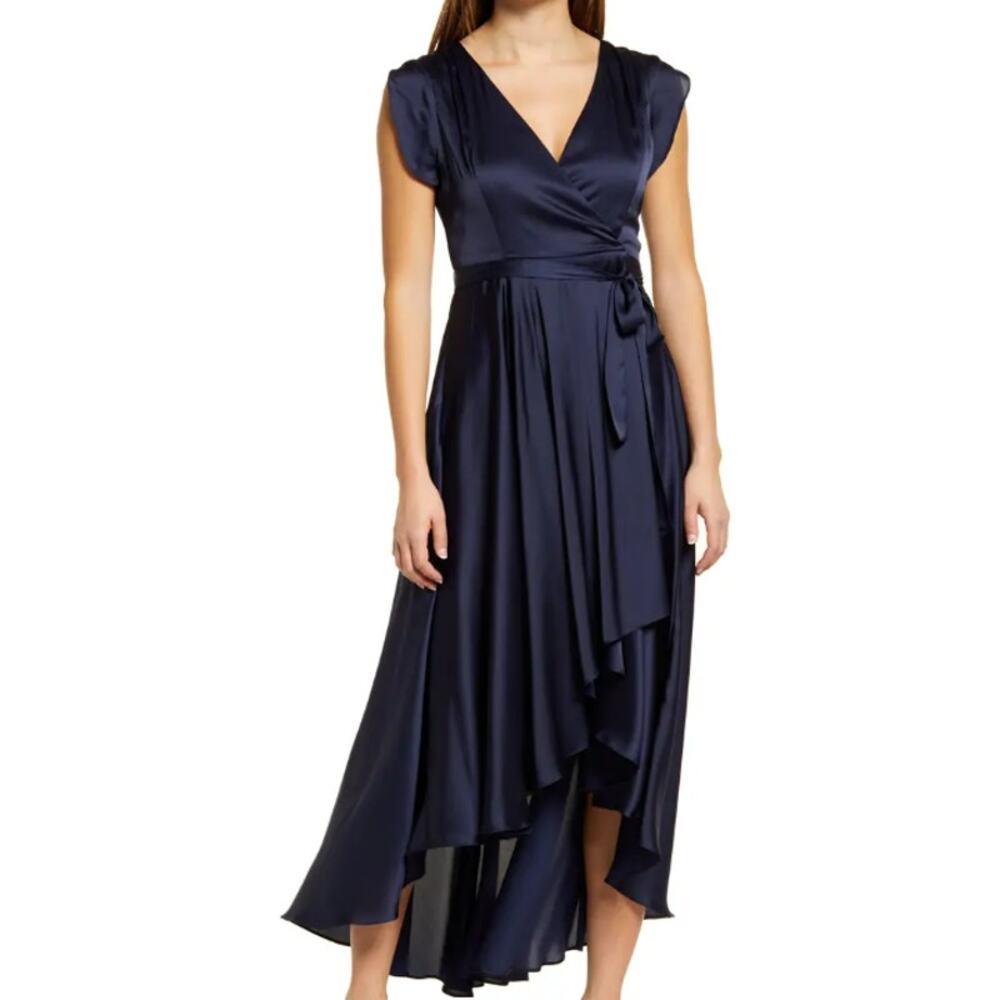 Navy Satin Wrap High-Low Dress